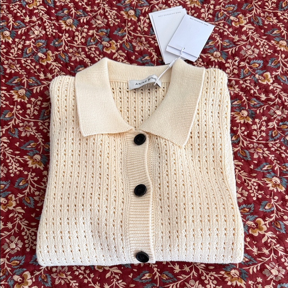 Anine Bing Ivory Open-Knit Polo Cardigan with Black Buttons